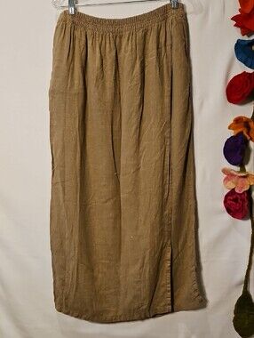 100% Linen Maxi Pull On Wrap Skirt Olive Khaki 0122